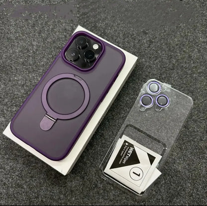 Matte MagSafe case with metal ring stand for iPhone 11–17, purple