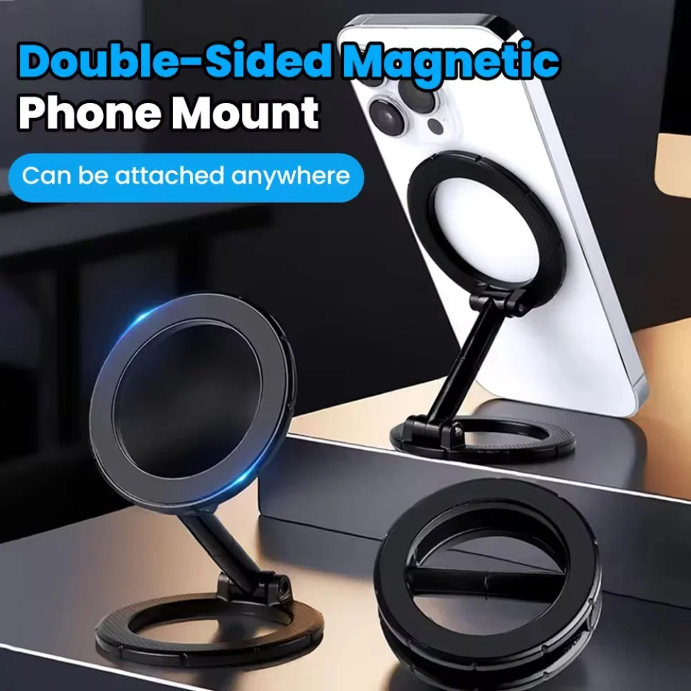 Foldable double-sided magnetic car phone mount with 360° rotation