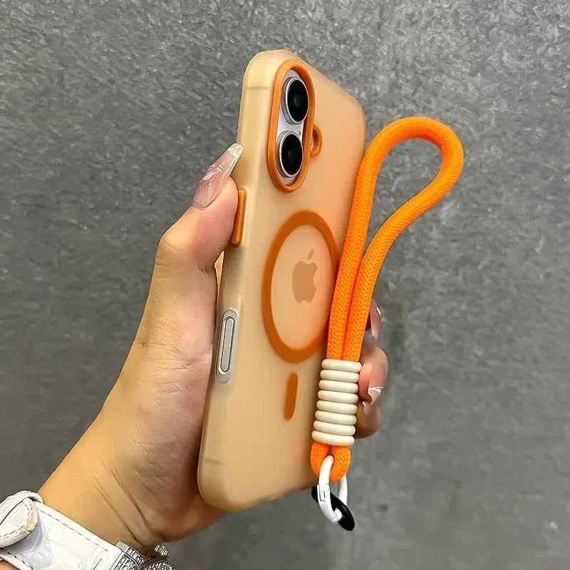 Candy color MagSafe case with wrist strap for iPhone 11–18, orange