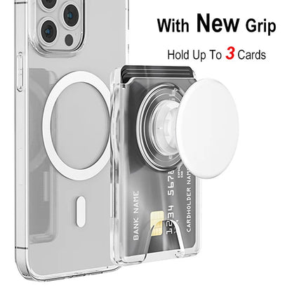 Magnetic wallet with expanding phone grip for iPhone & Samsung, transparent white