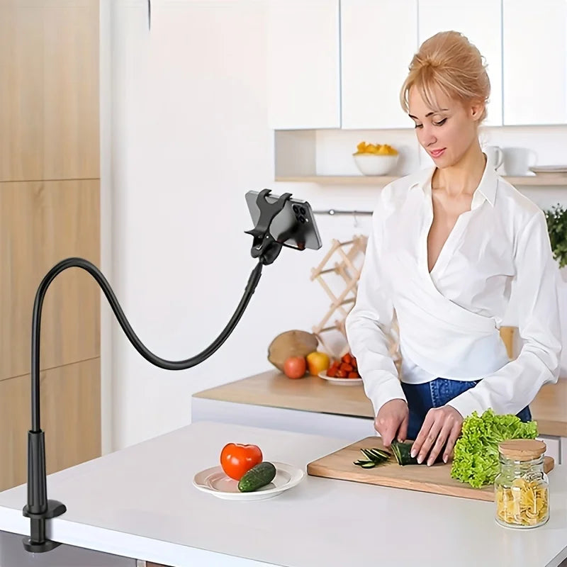 Bedside phone holder with flexible long arm and swivel headrest