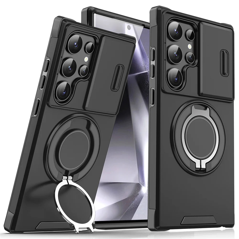 Slide camera cover magnetic stand case for Samsung Galaxy S and A series, black