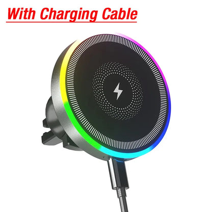 RGB light magnetic wireless charging car vent mount for MagSafe, black with cable