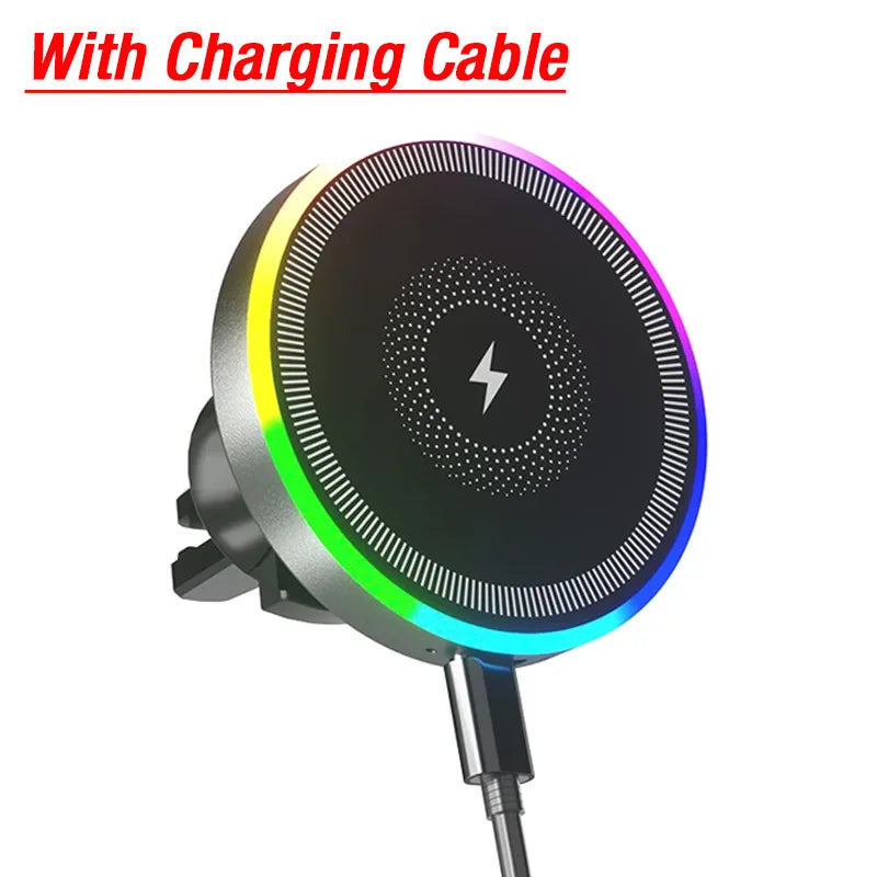 RGB light magnetic wireless charging car vent mount for MagSafe, black with cable