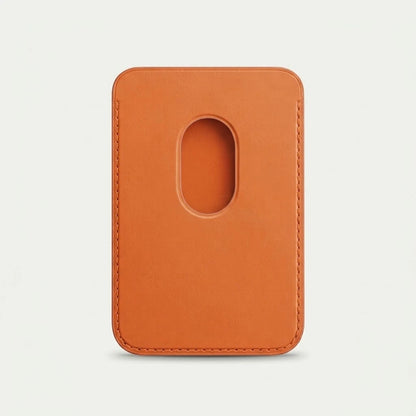 Orange PU leather magnetic MagSafe card holder wallet for iPhone, studio shot