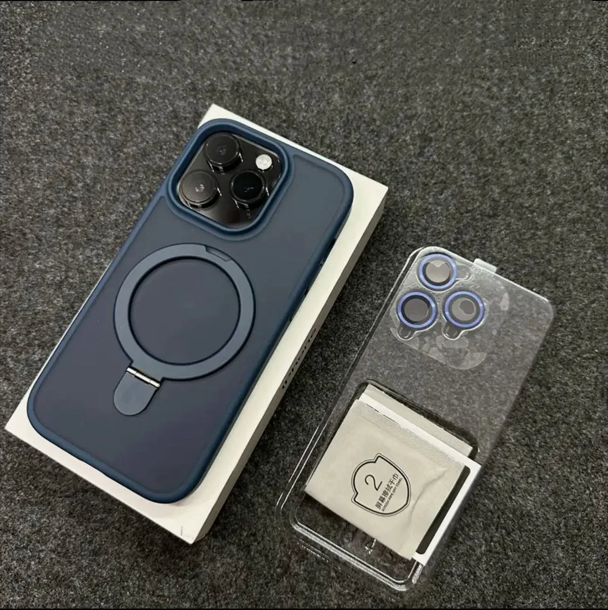 Matte MagSafe case with metal ring stand for iPhone 11–17, blue