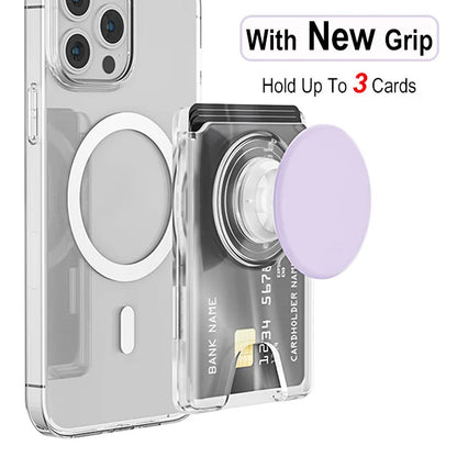 Magnetic wallet with expanding phone grip for iPhone & Samsung, transparent purple