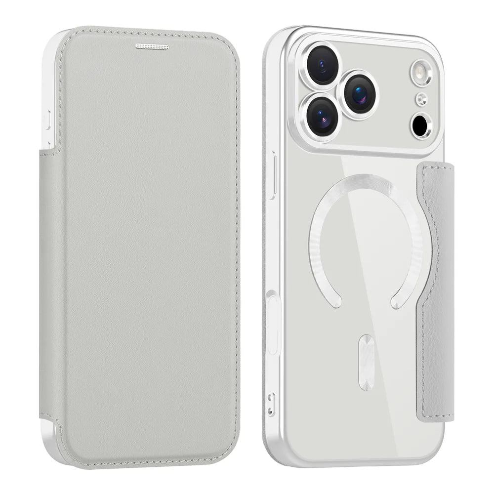 Clear flip leather wallet case, gray