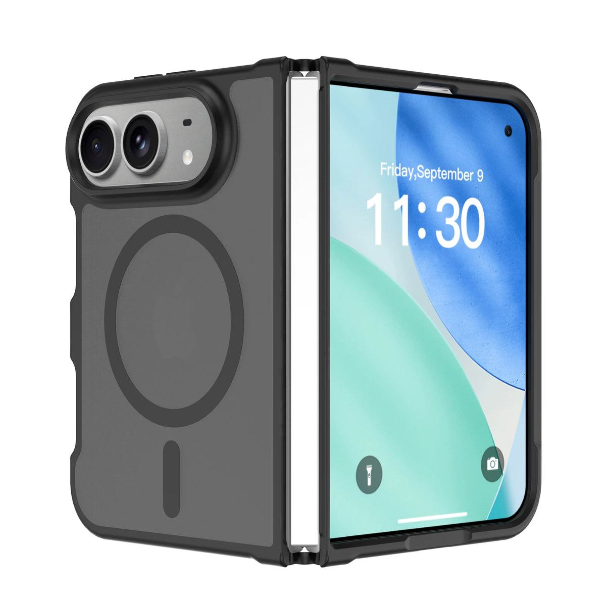 Matte black MagSafe case on a part-open iPhone Duo, twin rear lenses and magnet ring