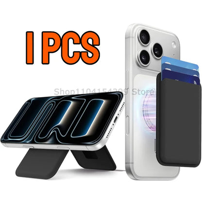 Magnetic leather card wallet with hidden stand for iPhone 13–15, black