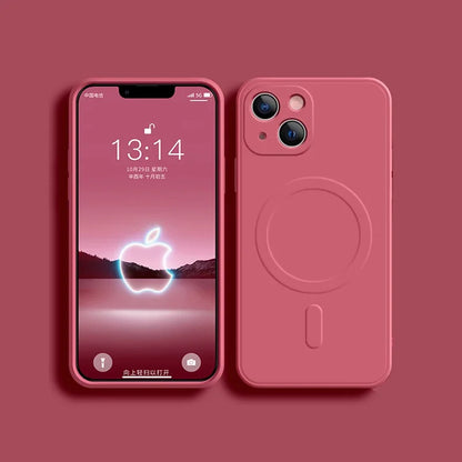 Shockproof silicone MagSafe case for iPhone 11–18, camellia red