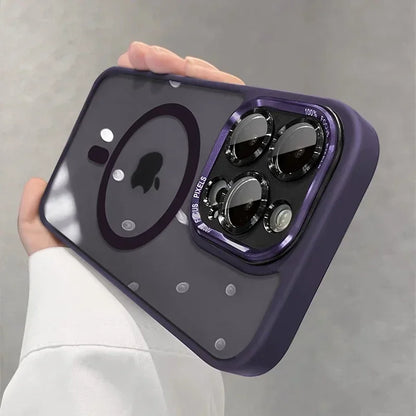 Clear magnetic case with metal lens bumper for iPhone 11–18, dark purple