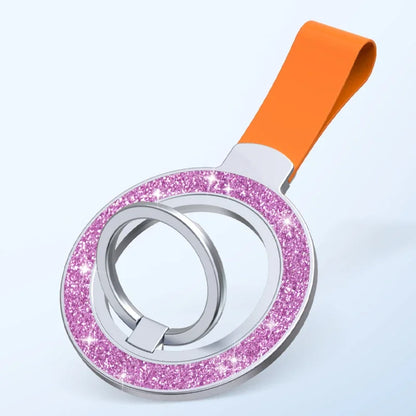 Double-sided magnetic ring grip with hand strap, purple glitter