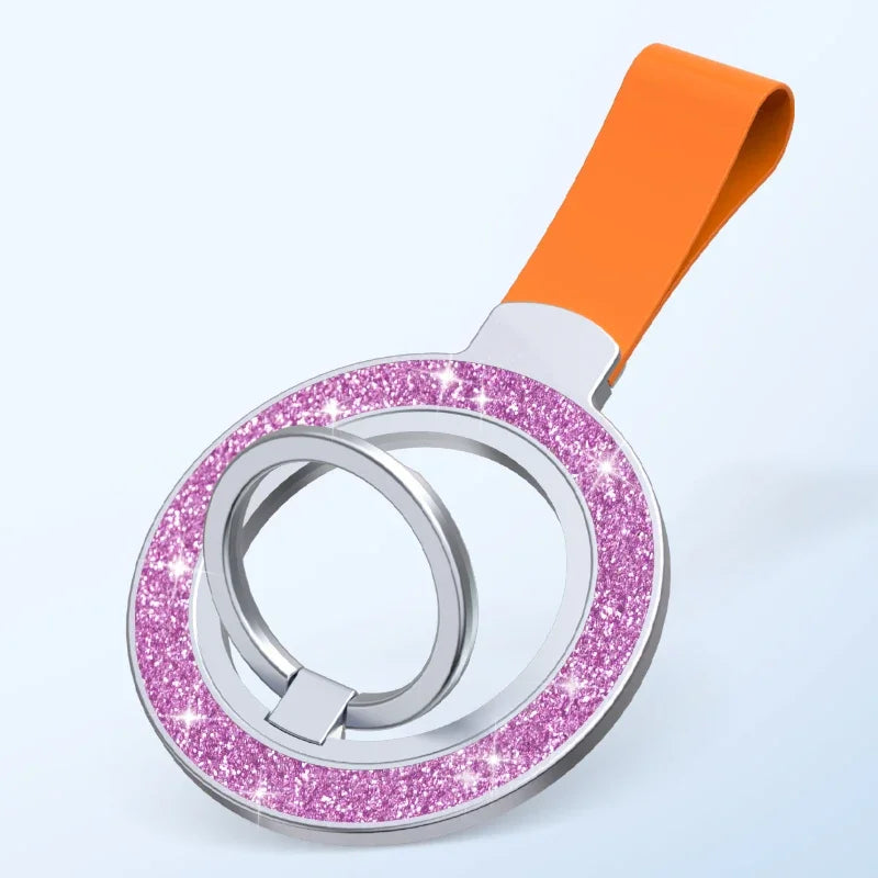 Double-sided magnetic ring grip with hand strap, purple glitter