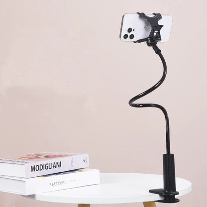 Bedside phone holder with flexible long arm and swivel headrest, black