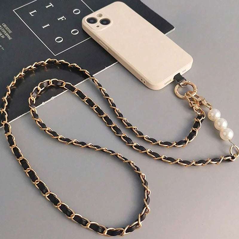 Long pearl chain crossbody phone lanyard, view 4