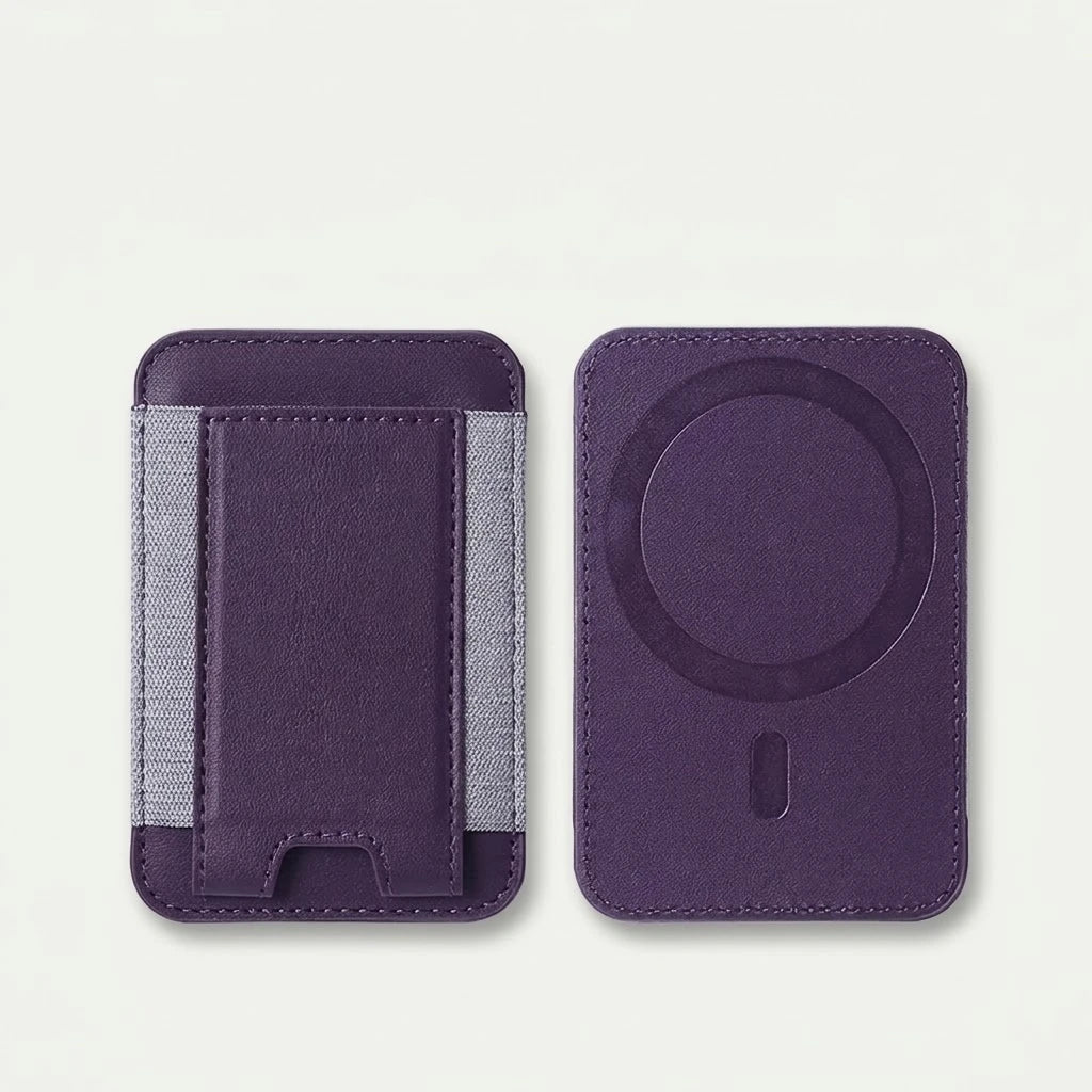 MagSafe leather card holder wallet with elastic pocket, purple