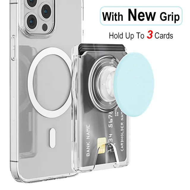Magnetic wallet with expanding phone grip for iPhone & Samsung, transparent blue