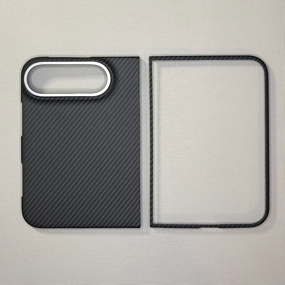 Carbon fibre case for iPhone Duo laid open, both panels