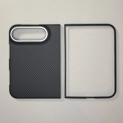 Carbon fibre case for iPhone Duo laid open, both panels
