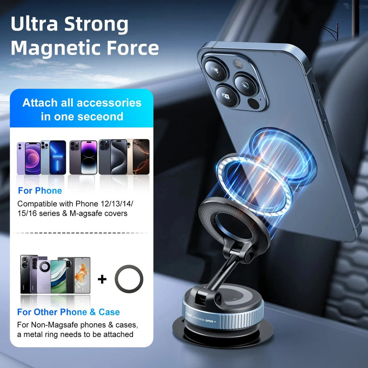 Vacuum suction cup magnetic car phone holder, view 4