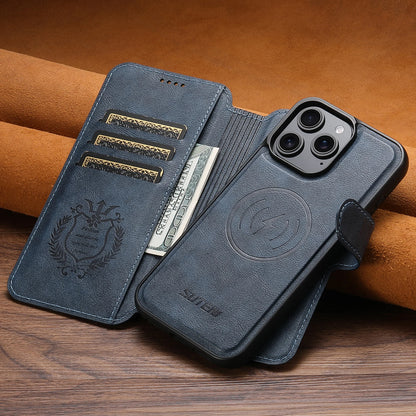 Faux leather flip wallet case with stand for iPhone 12–18, blue