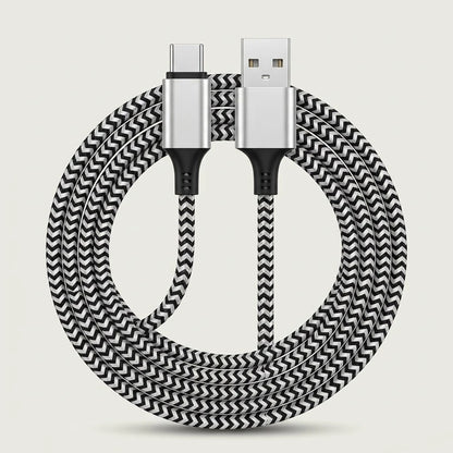 Black and white braided USB-A to USB-C fast charging cable, studio shot