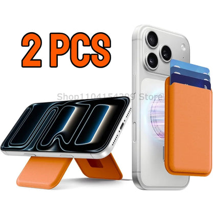 Magnetic leather card wallet with hidden stand for iPhone 13–15, orange, view 14