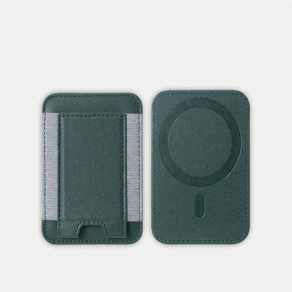 MagSafe leather card holder wallet with elastic pocket, green