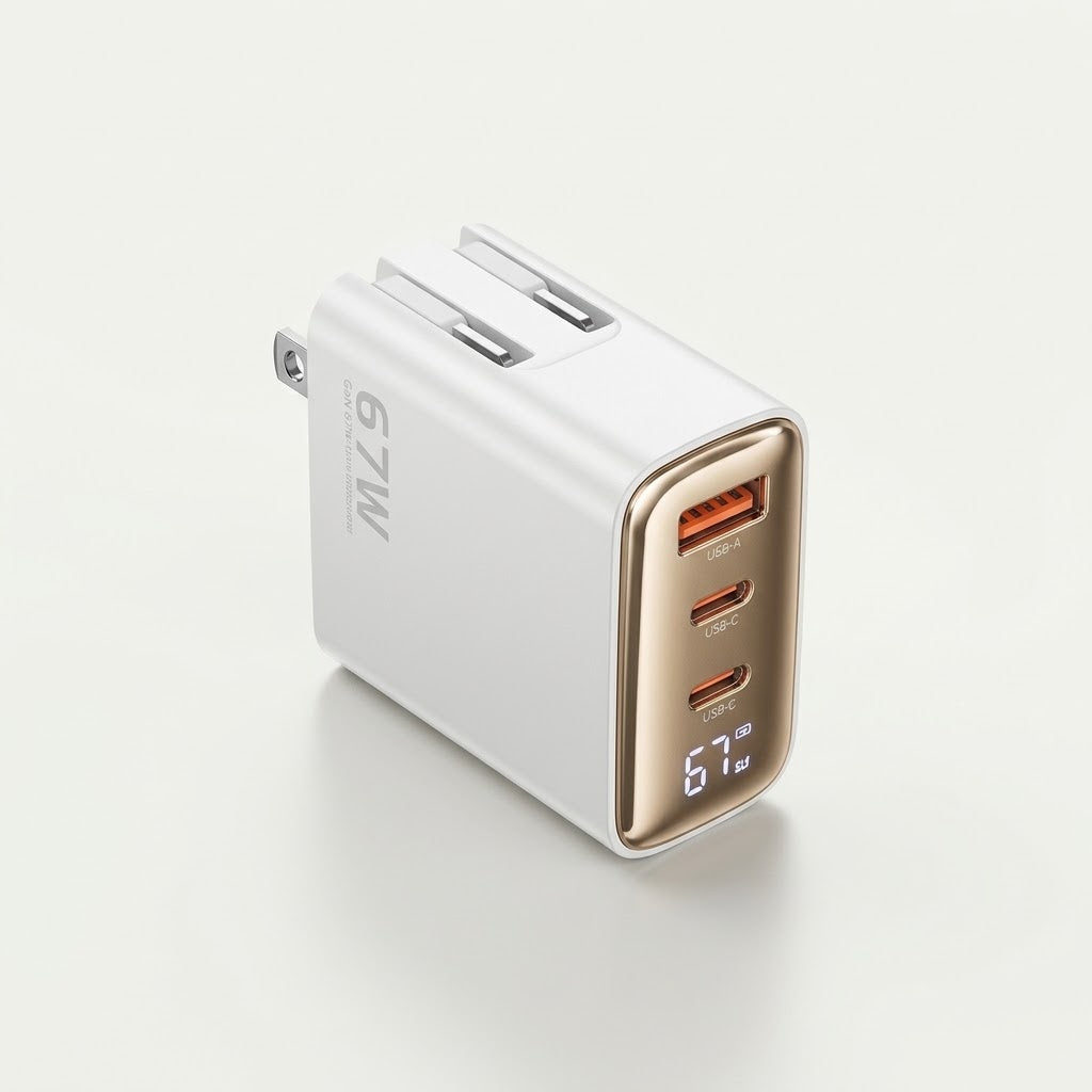 67W GaN fast charger with digital display, white, US plug