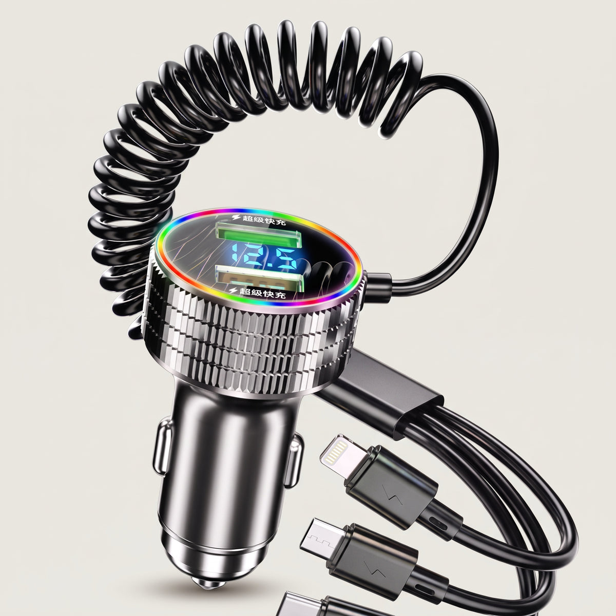 Dual USB car charger with RGB light ring, voltage display and coiled 3-in-1 charging cable, studio shot