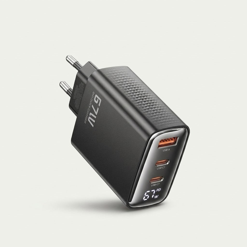 67W GaN fast charger with digital display, black, EU plug