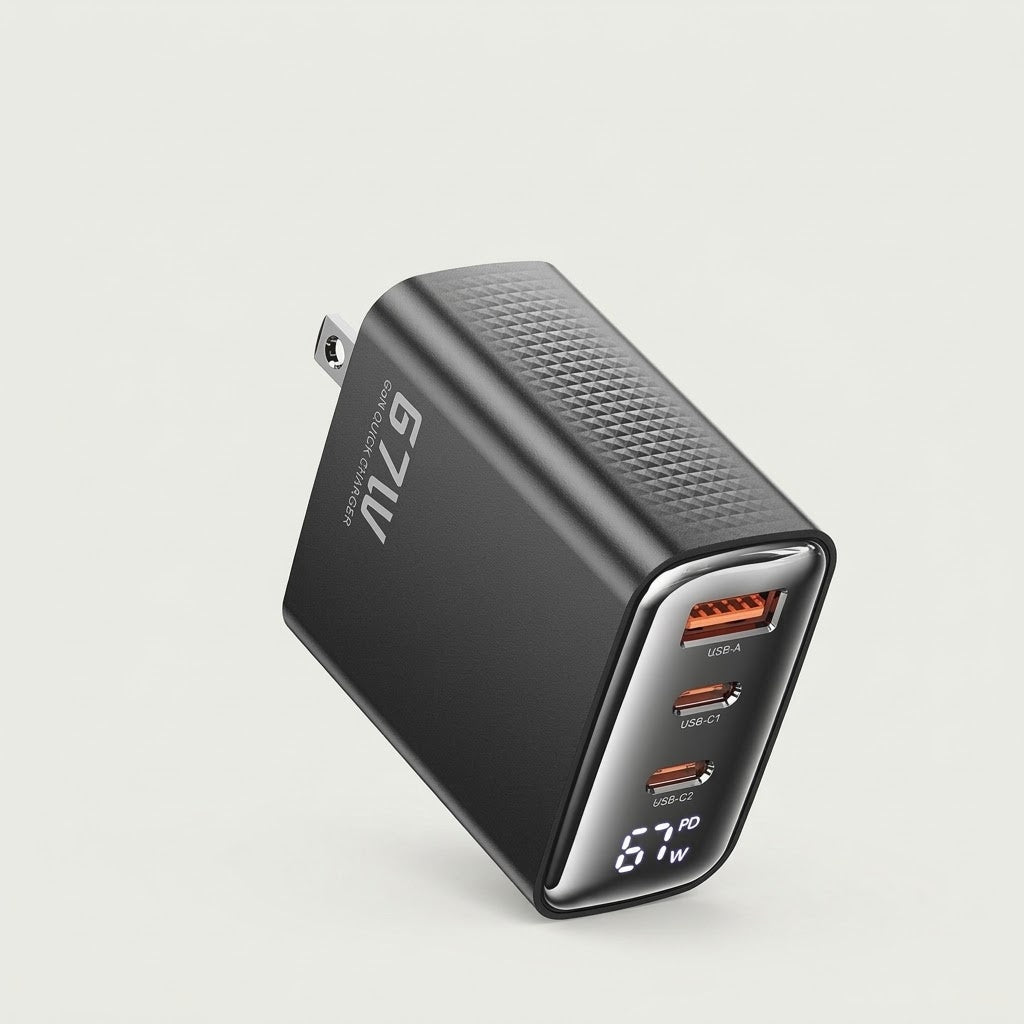 Black 67W GaN fast charger with digital wattage display, USB-A and two USB-C ports, studio shot