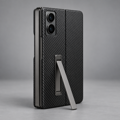 Kevlar-Style Metal-Stand Case – iPhone Duo — back view with foldable device and kickstand open