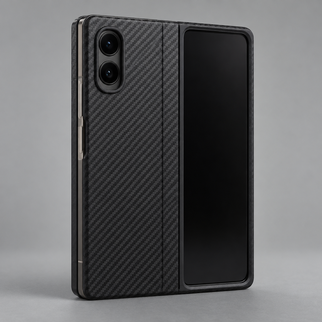 Business Carbon Screen-Guard Case – iPhone Duo — back view with foldable device