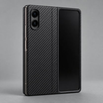 Business Carbon Screen-Guard Case – iPhone Duo — back view with foldable device