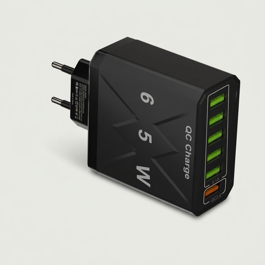 Black 65W 6-port QC fast charger with five USB-A ports and one quick-charge port, EU plug, studio shot