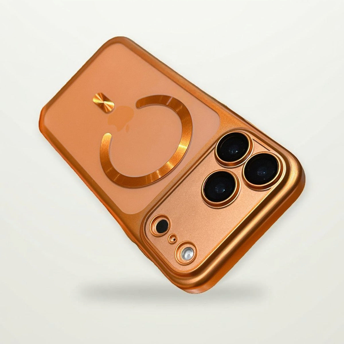 Frosted Plated MagSafe Case in Orange showing the camera surround and MagSafe ring