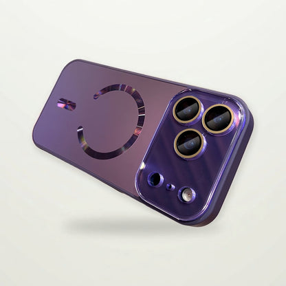 Frosted Plated MagSafe Case for iPhone in Purple with gold lens rings