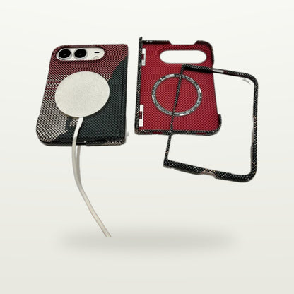 Carbonweave Thin Magnetic Case for iPhone Duo in black and red, magnetic ring visible