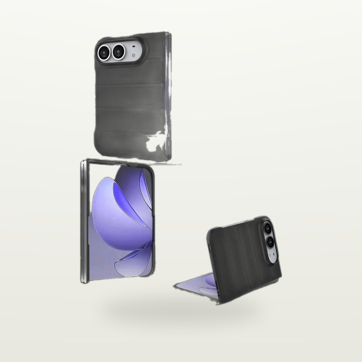 Drop-Guard Hard Shell Case for iPhone Duo standing open, ribbed black back