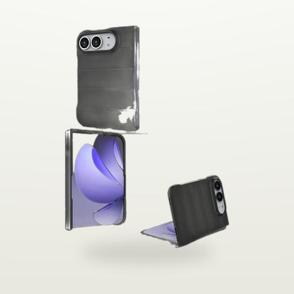 Drop-Guard Hard Shell Case for iPhone Duo standing open, ribbed black back
