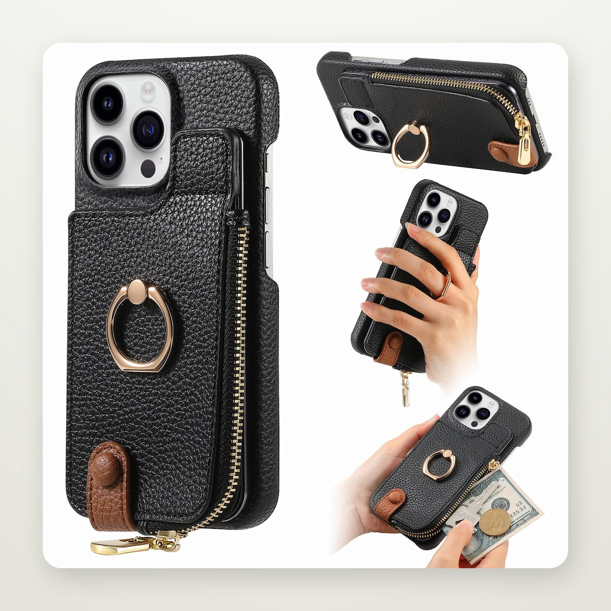 Zipper Card Pocket Ring Stand Case for iPhone 11–17