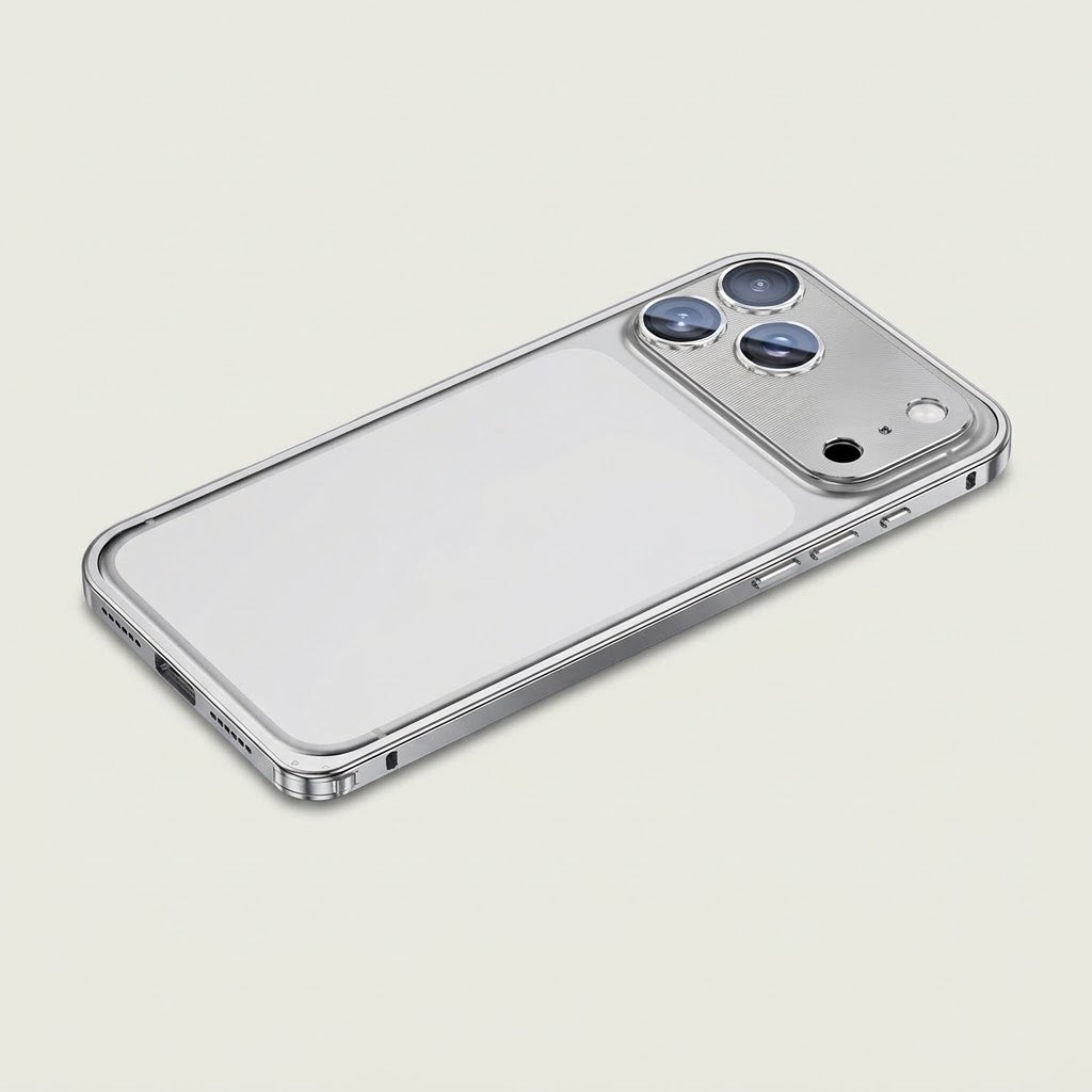 Silver CNC aluminum frame case with built-in camera lens guard for iPhone, studio shot