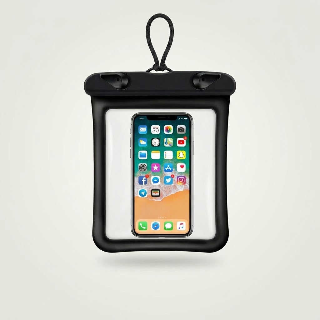 Waterproof phone pouch with lanyard, black