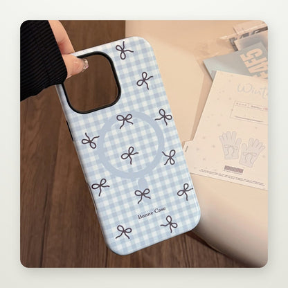 Plaid Bow Case with Optional Magnetic Stand for iPhone 13–17