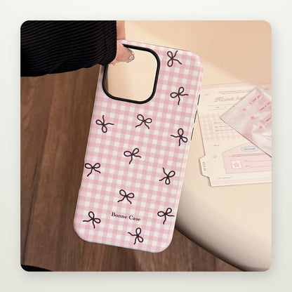 Plaid Bow Case with Optional Magnetic Stand for iPhone 13–17