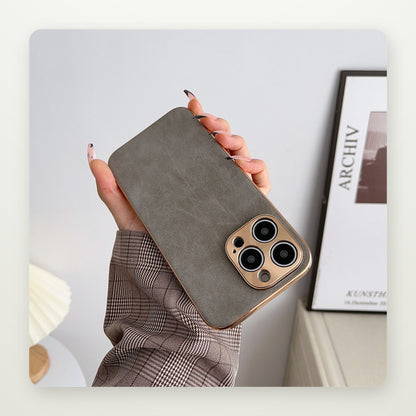 Plated Leather-Texture Case with Metal Lens Frame for iPhone 13–17