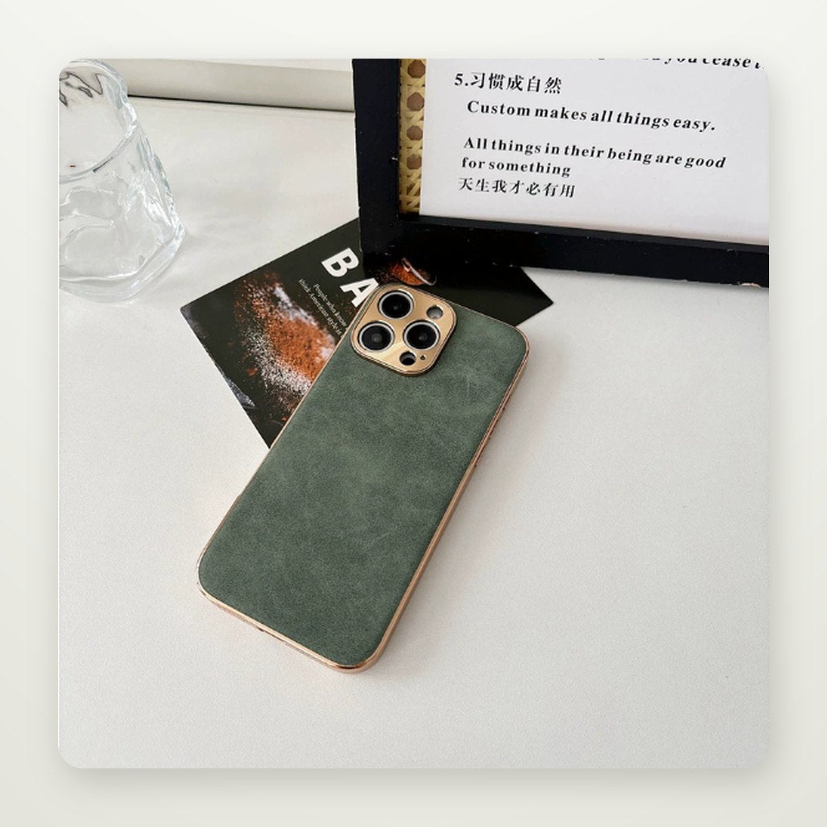 Plated Leather-Texture Case with Metal Lens Frame for iPhone 13–17