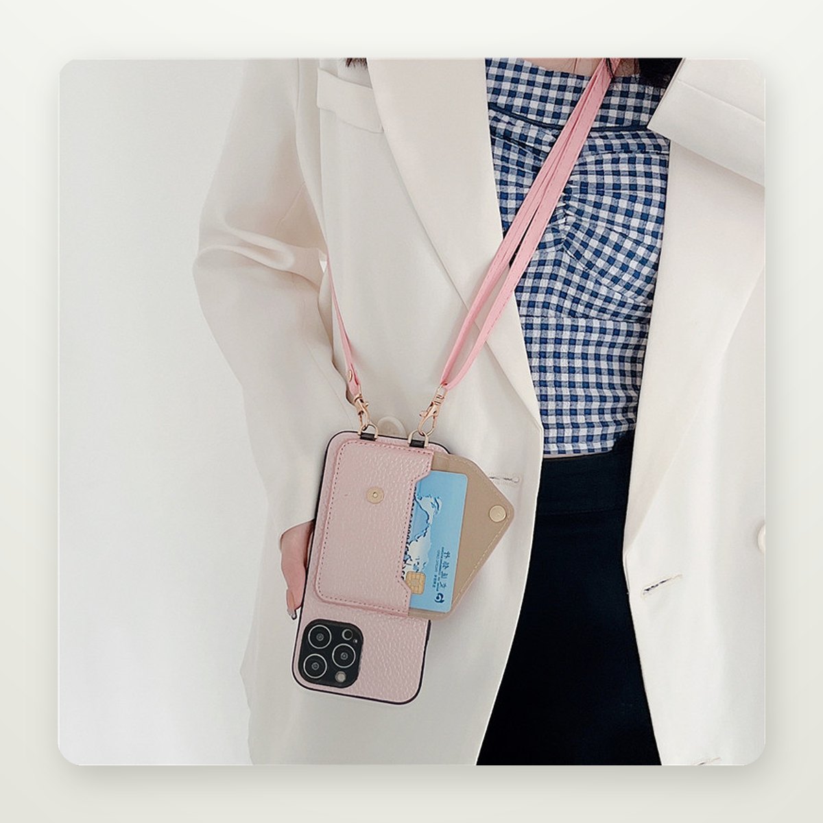 Lychee-Grain Card Case with Lanyard for iPhone 11–16